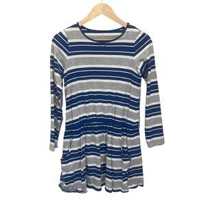 Lands’ End Girl Size large 14 blue white striped Long Sleeve Dress pockets fall